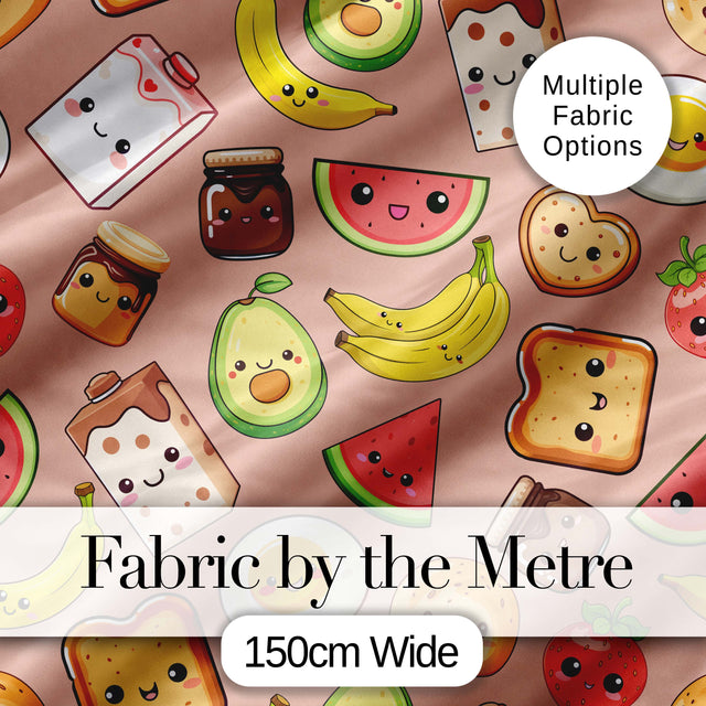 Cute Kawaii Breakfast Food Seamless Pattern Beige Background Fun Snacks Digital Print Fabric by the Metre UK Sewing Quilting Textile
