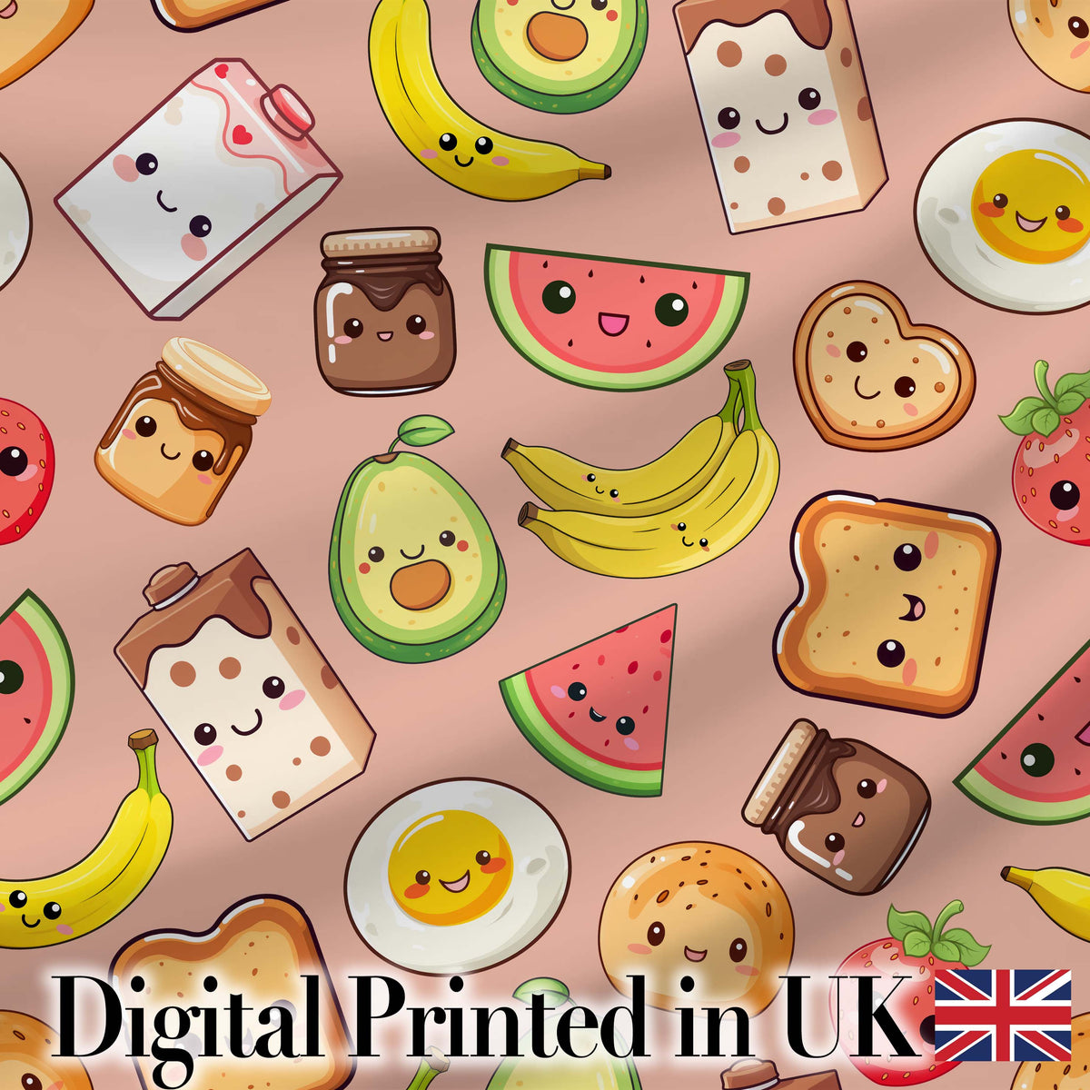 Cute Kawaii Breakfast Food Seamless Pattern Beige Background Fun Snacks Digital Print Fabric by the Metre UK Sewing Quilting Textile