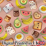 Cute Kawaii Breakfast Food Seamless Pattern Beige Background Fun Snacks Digital Print Fabric by the Metre UK Sewing Quilting Textile
