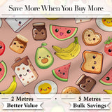Cute Kawaii Breakfast Food Seamless Pattern Beige Background Fun Snacks Digital Print Fabric by the Metre UK Sewing Quilting Textile