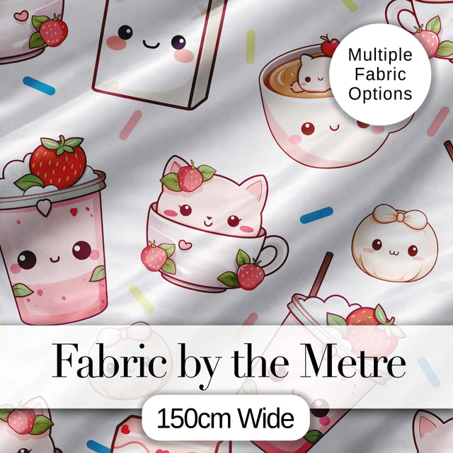Cute Kawaii Cute Drinks And Dessert Characters Seamless Pattern Digital Print Fabric by the Metre UK Sewing Quilting Textile