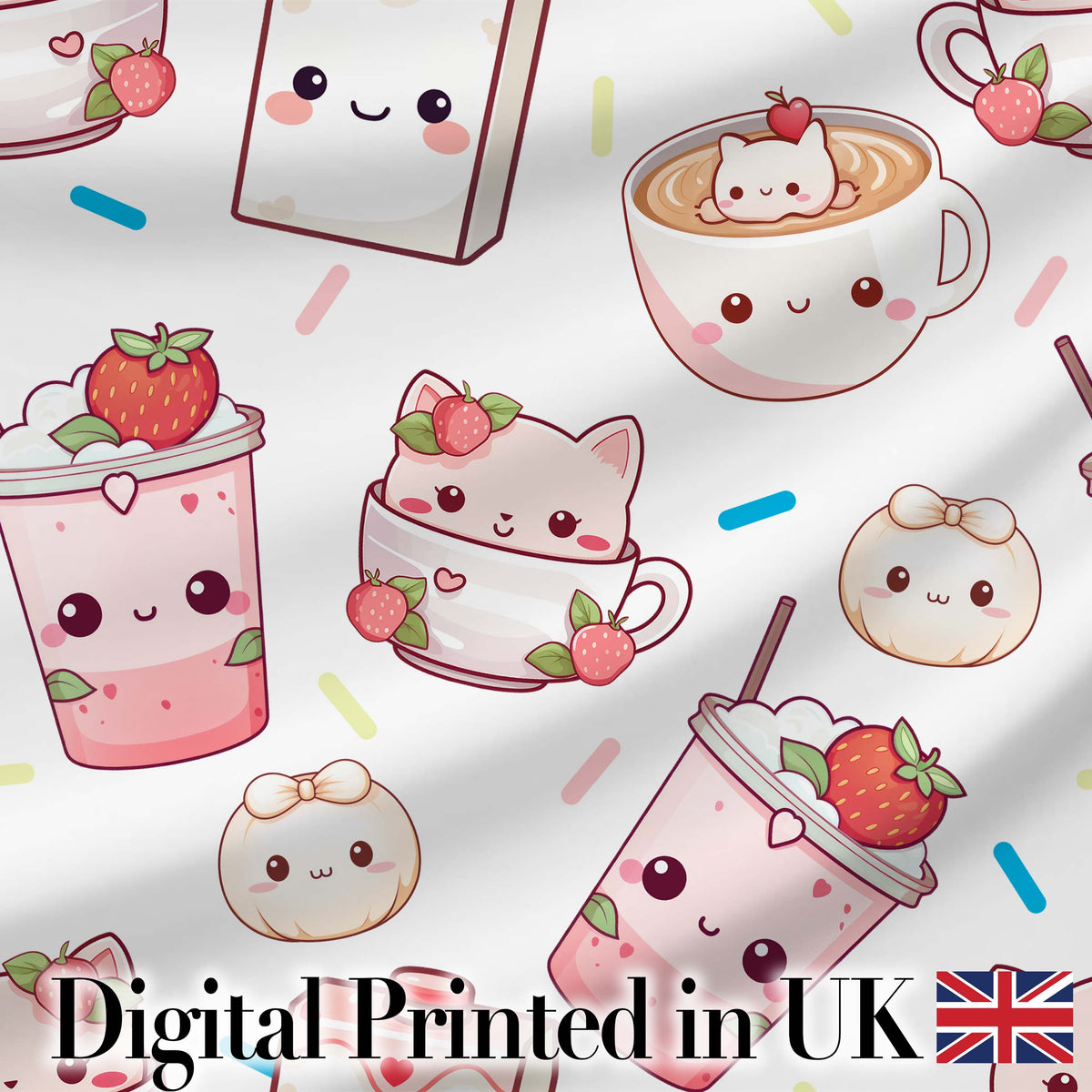 Cute Kawaii Cute Drinks And Dessert Characters Seamless Pattern Digital Print Fabric by the Metre UK Sewing Quilting Textile