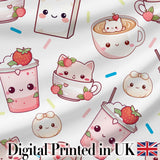Cute Kawaii Cute Drinks And Dessert Characters Seamless Pattern Digital Print Fabric by the Metre UK Sewing Quilting Textile