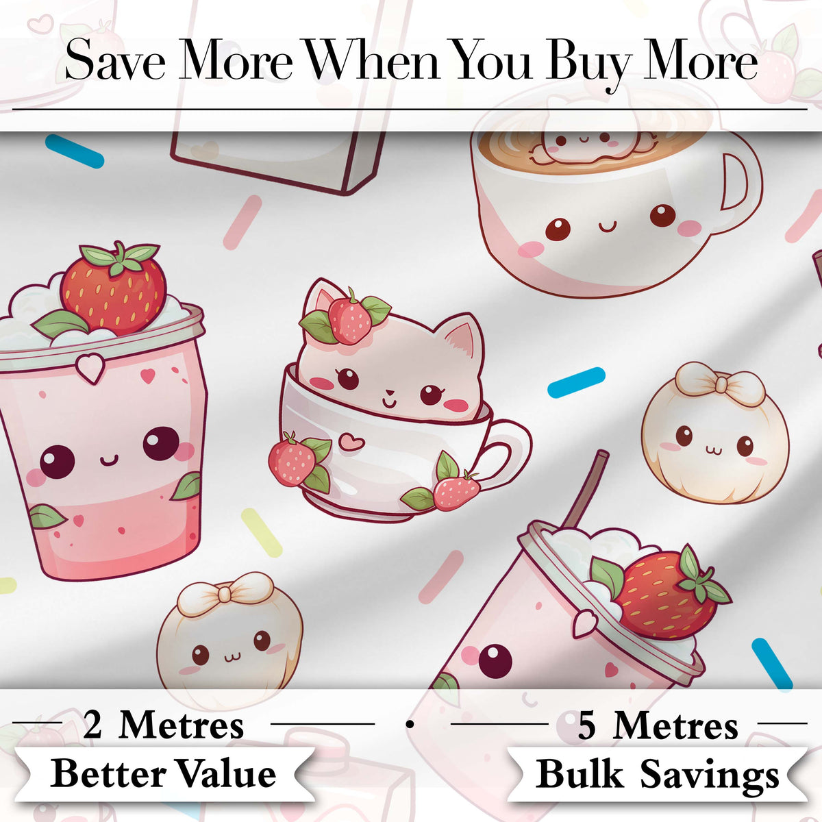 Cute Kawaii Cute Drinks And Dessert Characters Seamless Pattern Digital Print Fabric by the Metre UK Sewing Quilting Textile