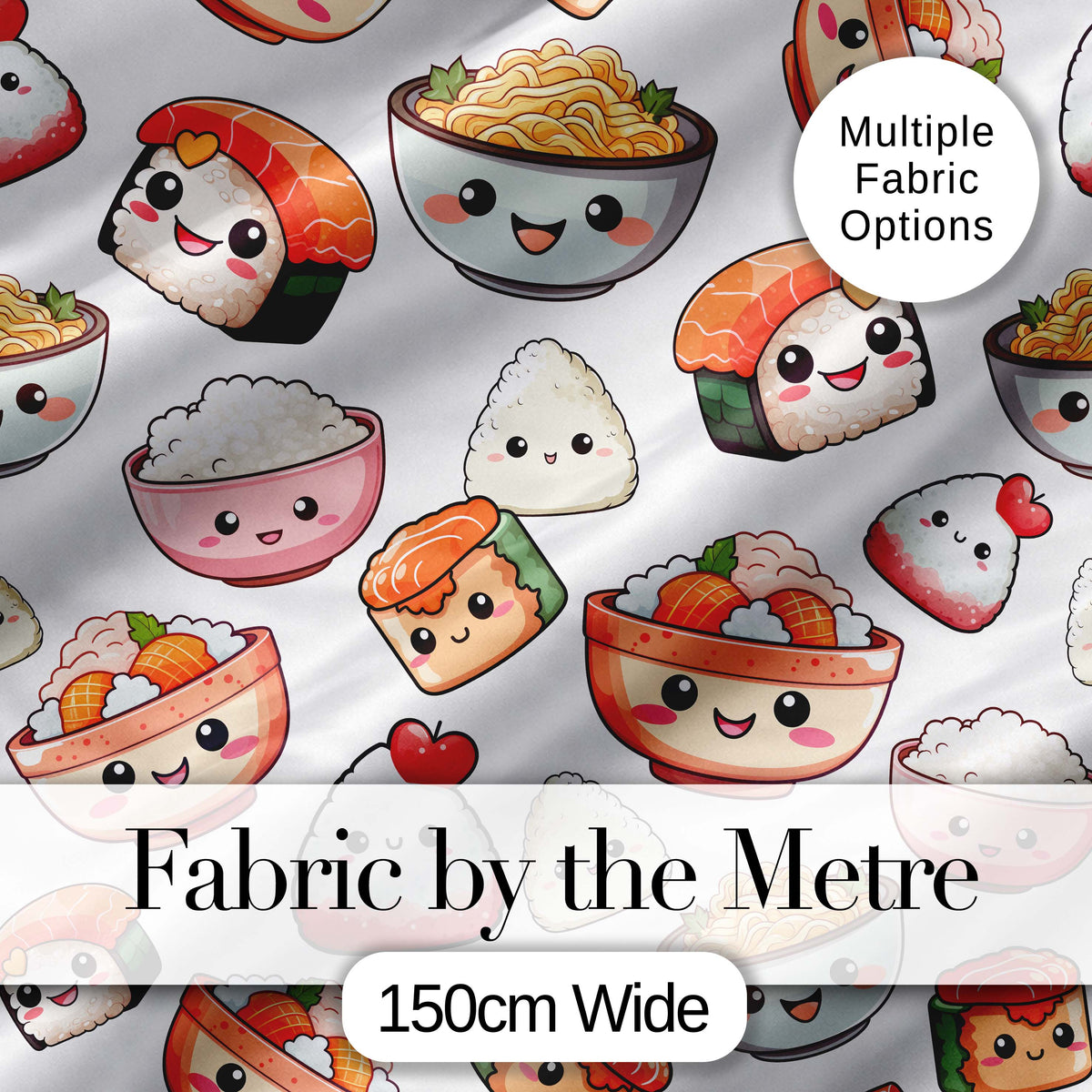 Cute Kawaii Sushi And Japanese Food Seamless Pattern White Background Digital Print Fabric by the Metre UK Sewing Quilting Textile