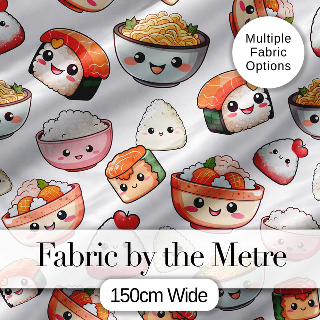 Cute Kawaii Sushi And Japanese Food Seamless Pattern White Background Digital Print Fabric by the Metre UK Sewing Quilting Textile