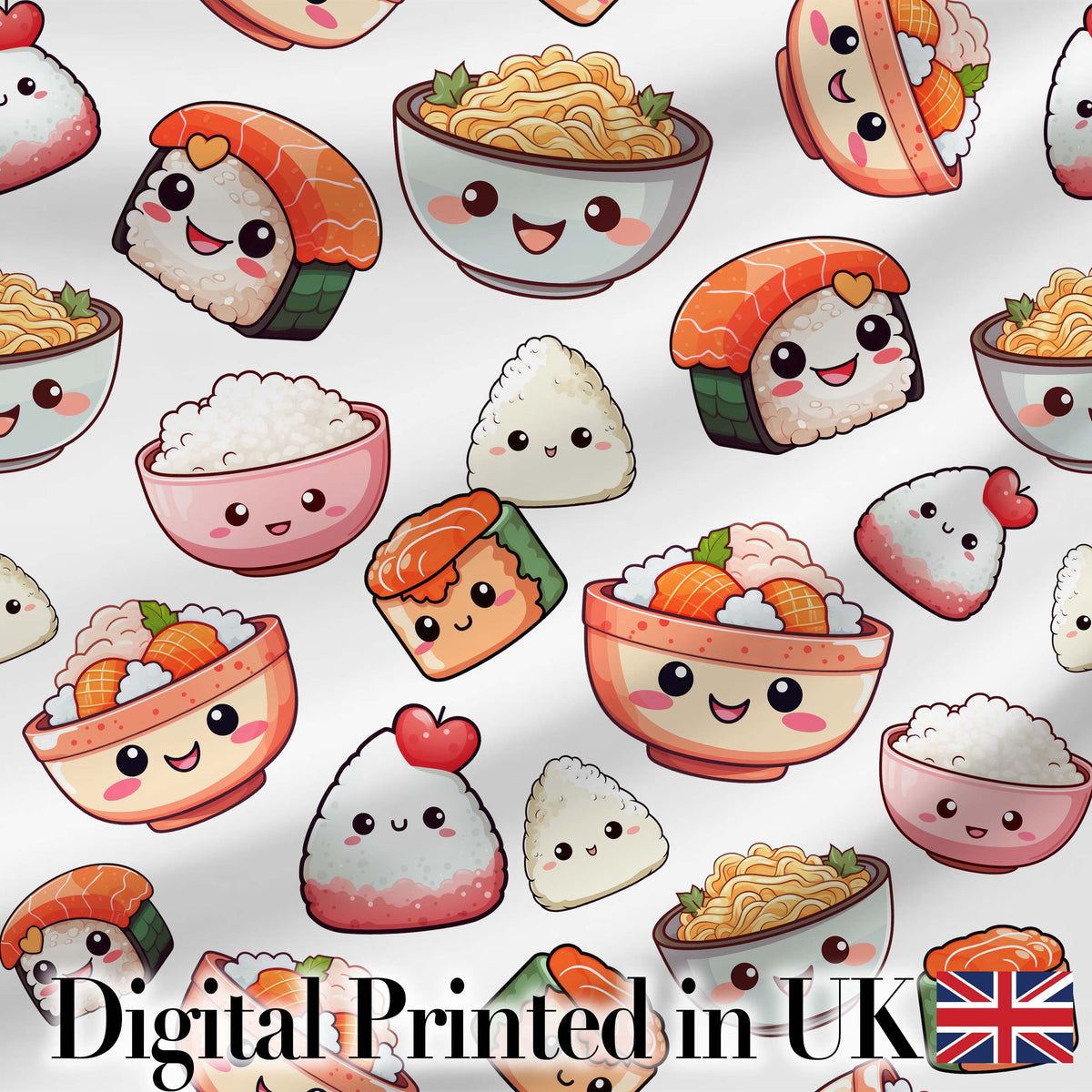 Cute Kawaii Sushi And Japanese Food Seamless Pattern White Background Digital Print Fabric by the Metre UK Sewing Quilting Textile