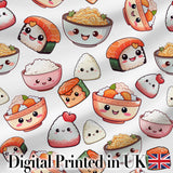 Cute Kawaii Sushi And Japanese Food Seamless Pattern White Background Digital Print Fabric by the Metre UK Sewing Quilting Textile