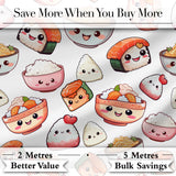 Cute Kawaii Sushi And Japanese Food Seamless Pattern White Background Digital Print Fabric by the Metre UK Sewing Quilting Textile