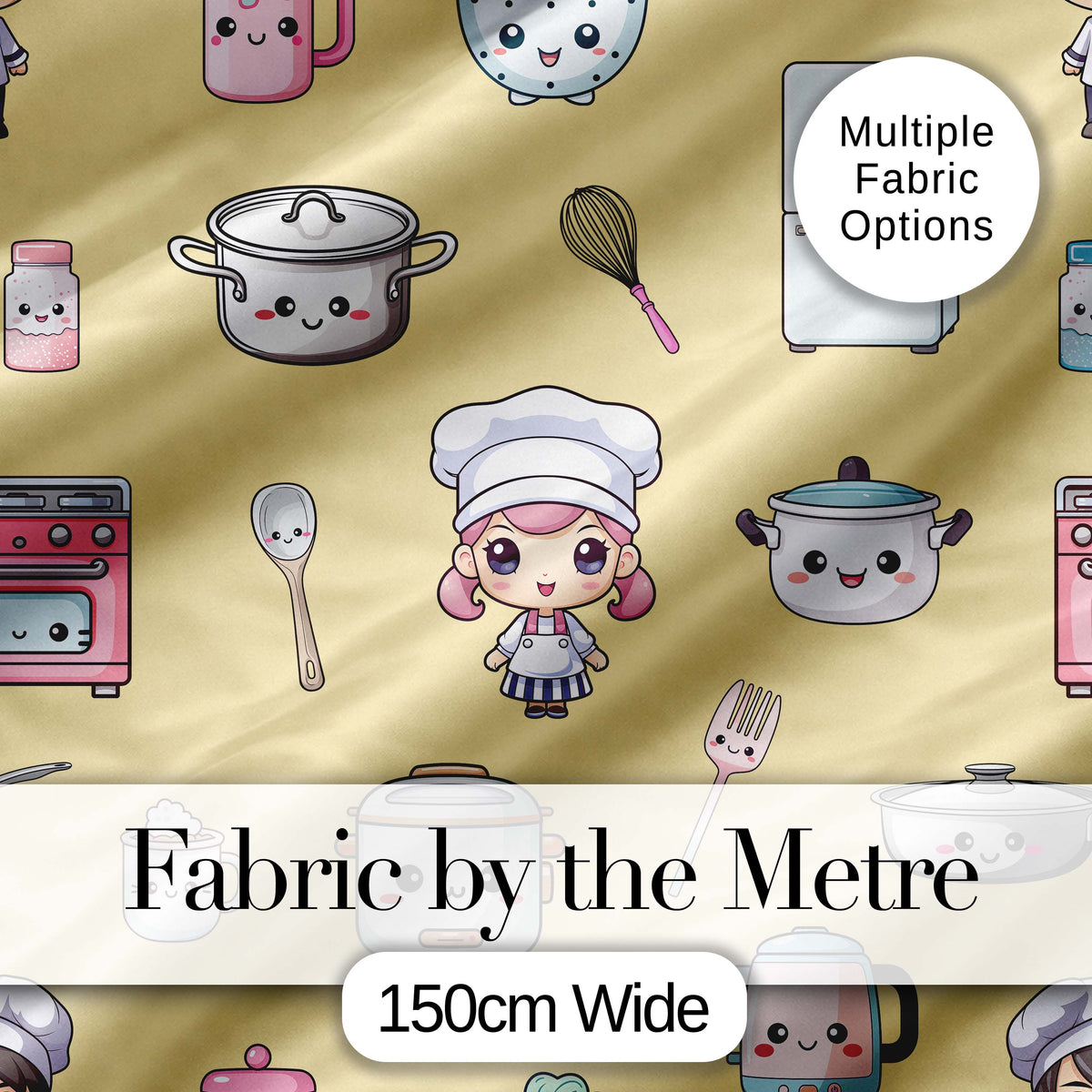 Cute Kawaii Kitchen Utensils And Chef Girl Seamless Pattern Beige Background Digital Print Fabric by the Metre UK Sewing Quilting Textile