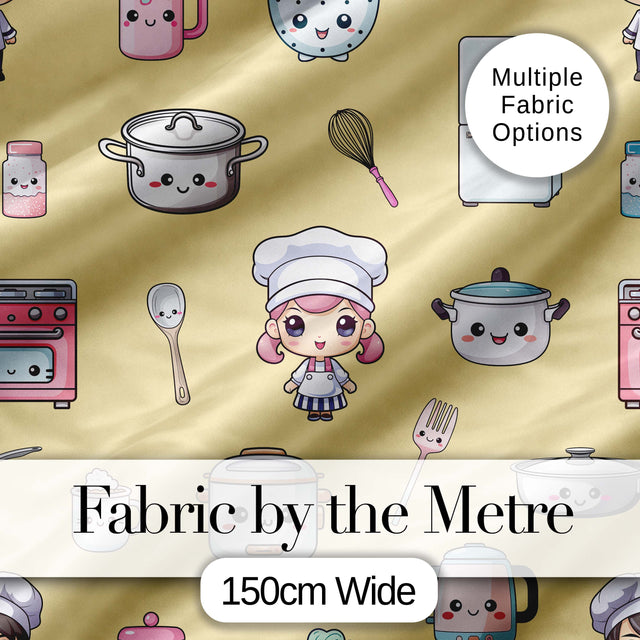 Cute Kawaii Kitchen Utensils And Chef Girl Seamless Pattern Beige Background Digital Print Fabric by the Metre UK Sewing Quilting Textile
