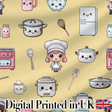 Cute Kawaii Kitchen Utensils And Chef Girl Seamless Pattern Beige Background Digital Print Fabric by the Metre UK Sewing Quilting Textile