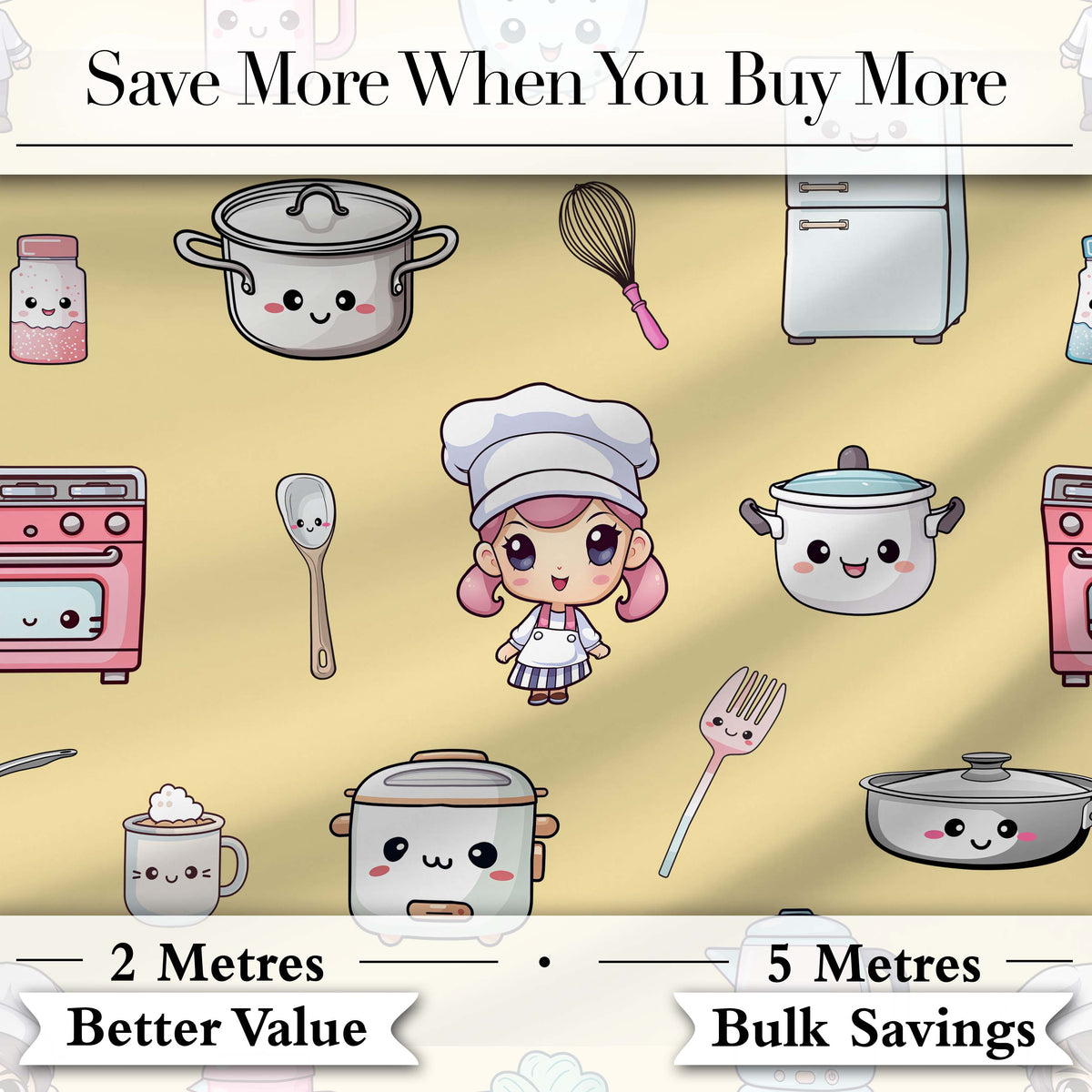 Cute Kawaii Kitchen Utensils And Chef Girl Seamless Pattern Beige Background Digital Print Fabric by the Metre UK Sewing Quilting Textile