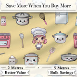 Cute Kawaii Kitchen Utensils And Chef Girl Seamless Pattern Beige Background Digital Print Fabric by the Metre UK Sewing Quilting Textile