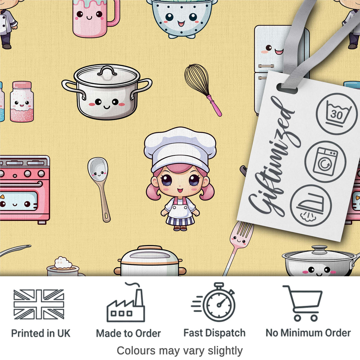Cute Kawaii Kitchen Utensils And Chef Girl Seamless Pattern Beige Background Digital Print Fabric by the Metre UK Sewing Quilting Textile