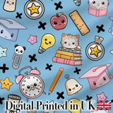 Cute Kawaii School Supplies And Study  Seamless Pattern Blue Background Digital Print Fabric by the Metre UK Sewing Quilting Textile