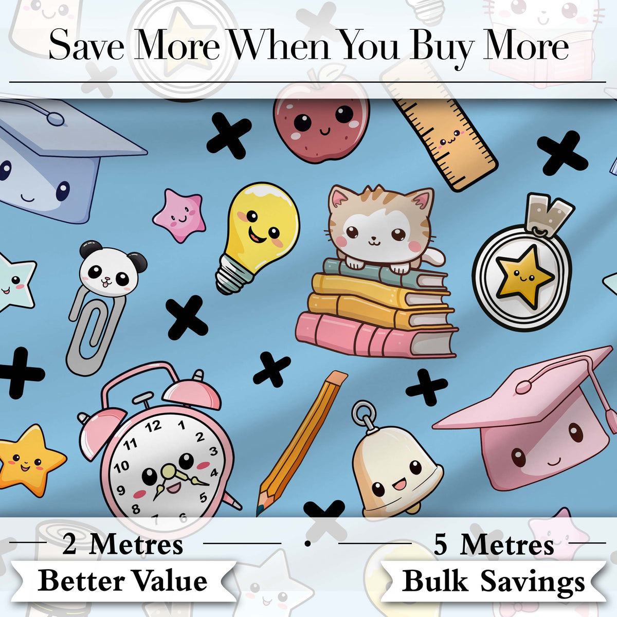 Cute Kawaii School Supplies And Study  Seamless Pattern Blue Background Digital Print Fabric by the Metre UK Sewing Quilting Textile