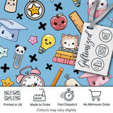 Cute Kawaii School Supplies And Study  Seamless Pattern Blue Background Digital Print Fabric by the Metre UK Sewing Quilting Textile
