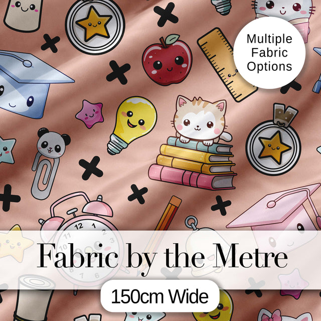 Cute Kawaii School Supplies And Study  Seamless Pattern Peach Background Digital Print Fabric by the Metre UK Sewing Quilting Textile