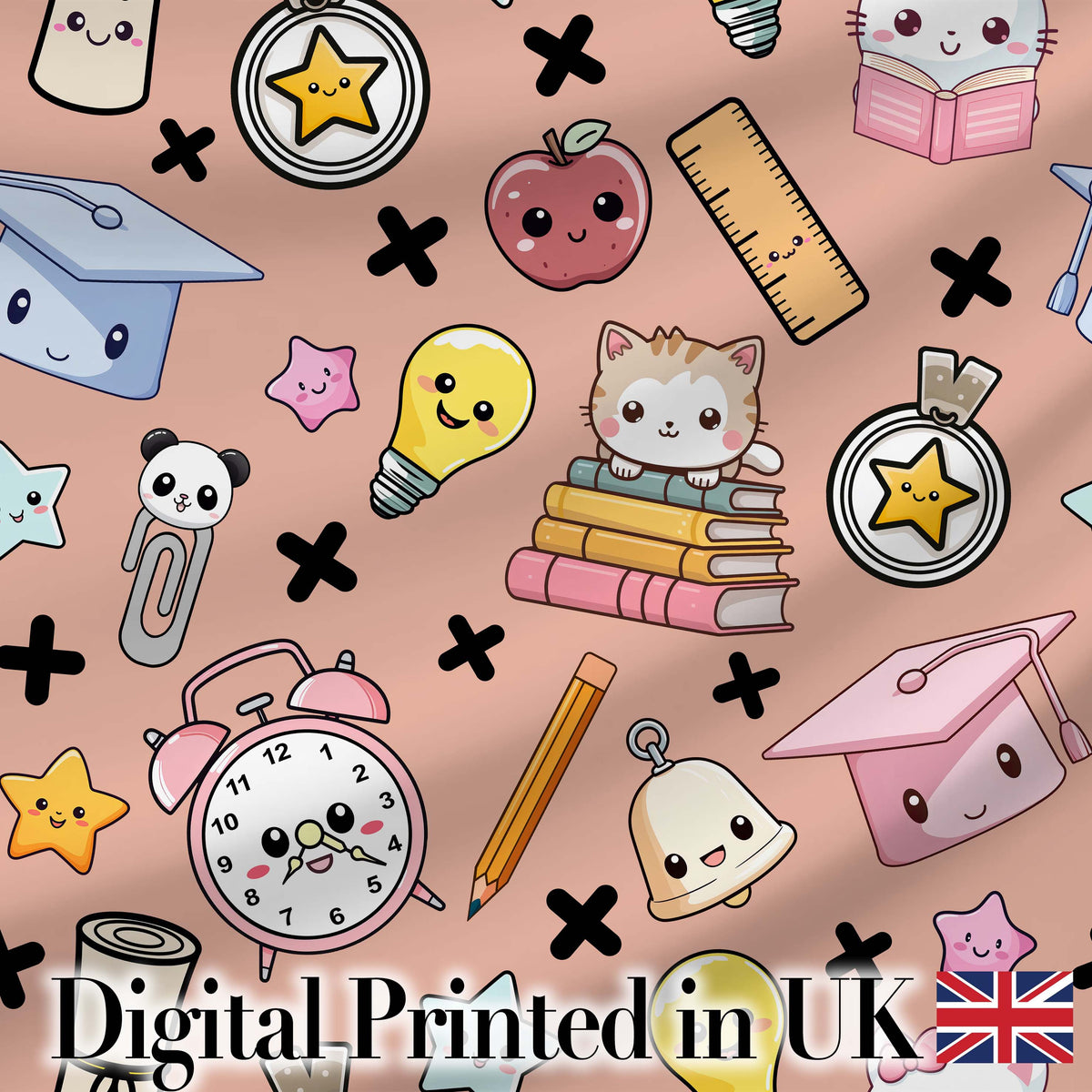 Cute Kawaii School Supplies And Study  Seamless Pattern Peach Background Digital Print Fabric by the Metre UK Sewing Quilting Textile