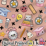 Cute Kawaii School Supplies And Study  Seamless Pattern Peach Background Digital Print Fabric by the Metre UK Sewing Quilting Textile