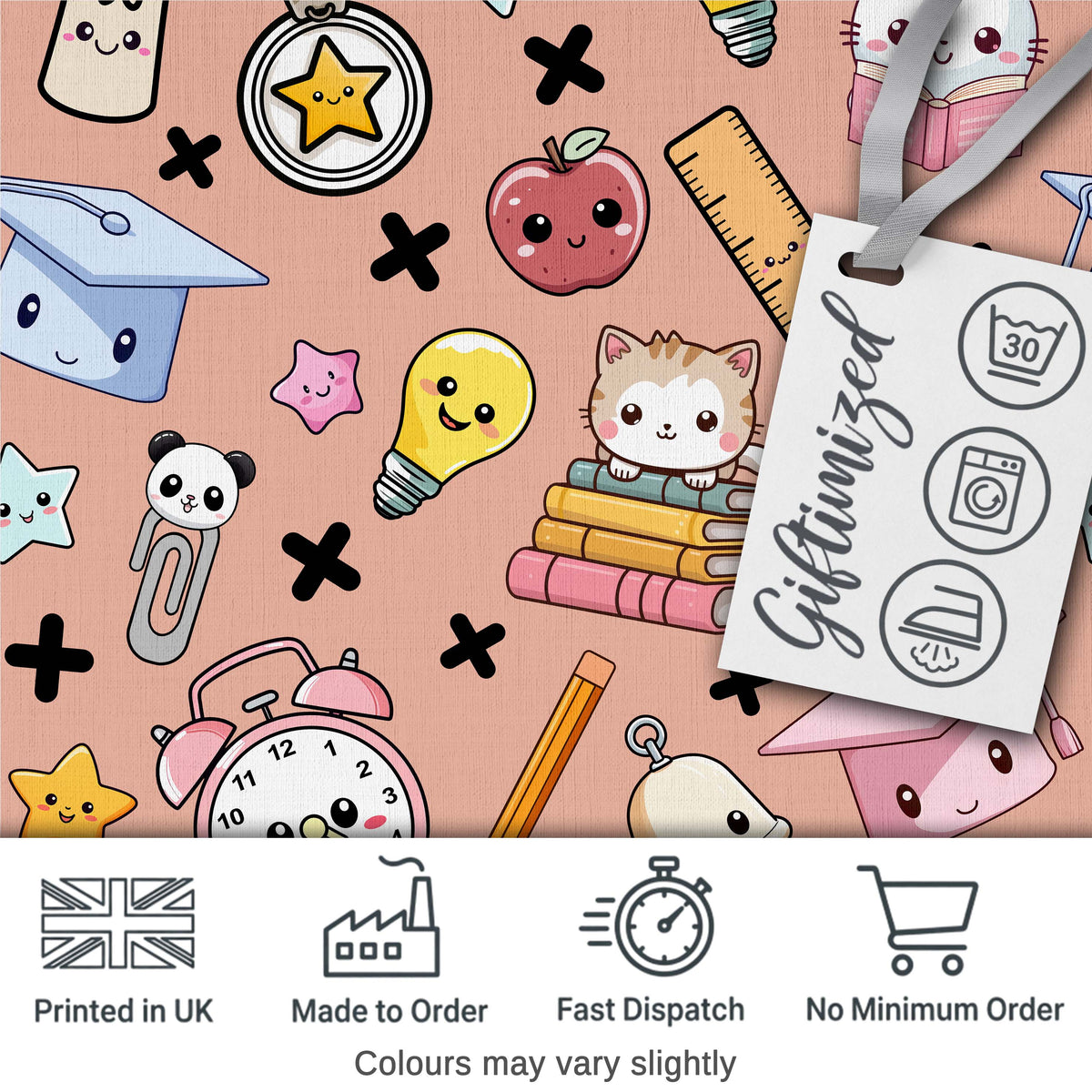 Cute Kawaii School Supplies And Study  Seamless Pattern Peach Background Digital Print Fabric by the Metre UK Sewing Quilting Textile