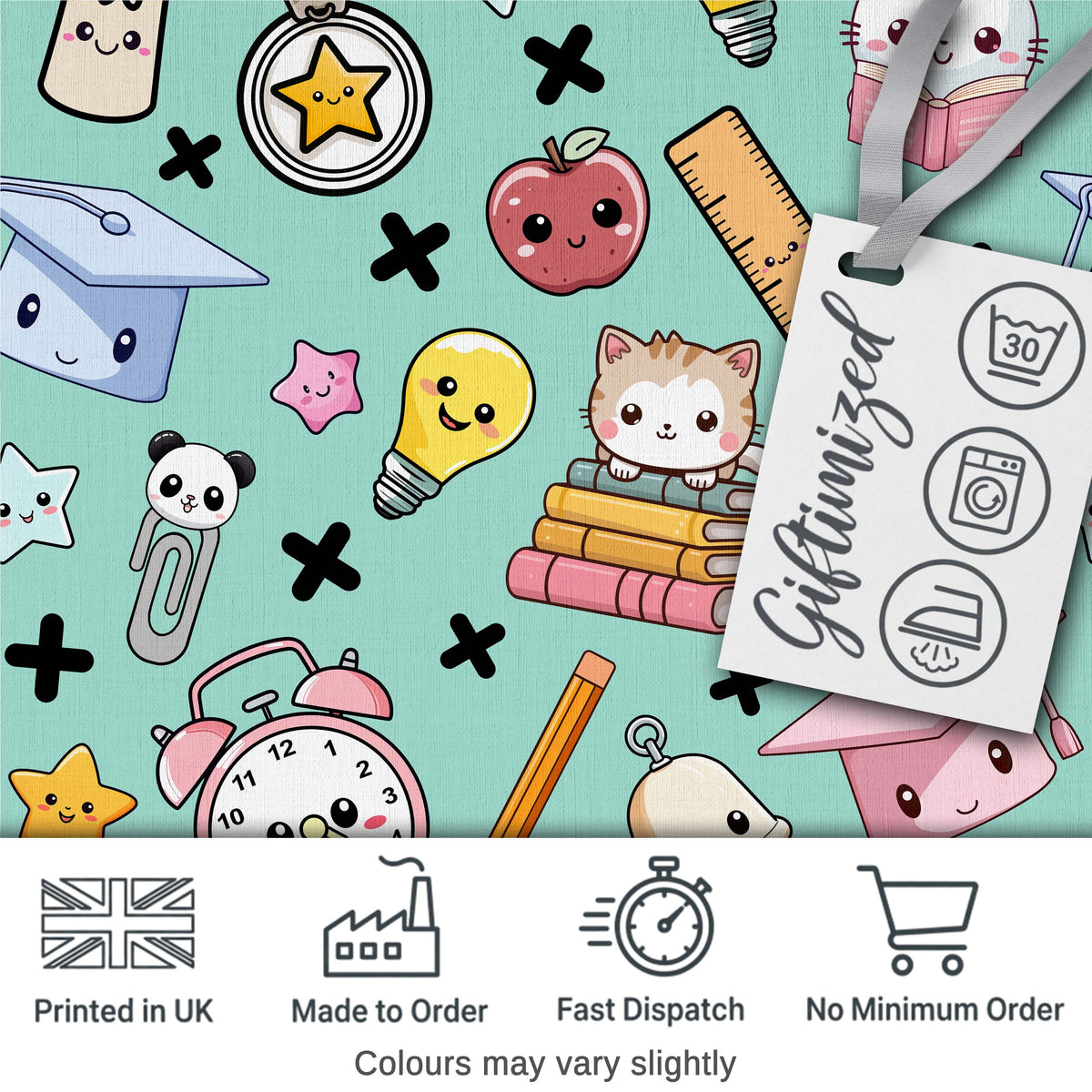 Cute Kawaii School Supplies And Study  Seamless Pattern Mint Background Digital Print Fabric by the Metre UK Sewing Quilting Textile