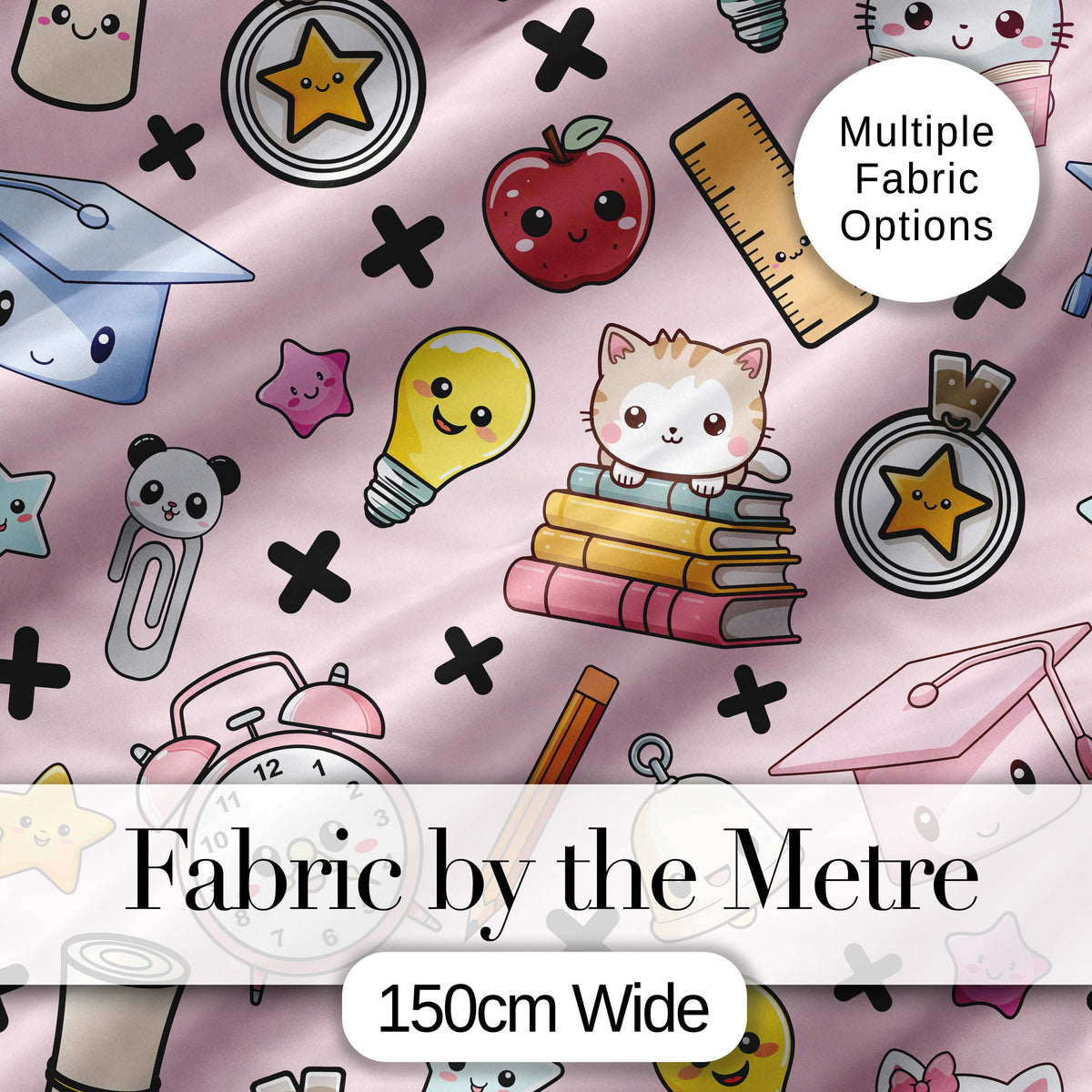 Cute Kawaii School Supplies And Study  Seamless Pattern Pink Background Digital Print Fabric by the Metre UK Sewing Quilting Textile