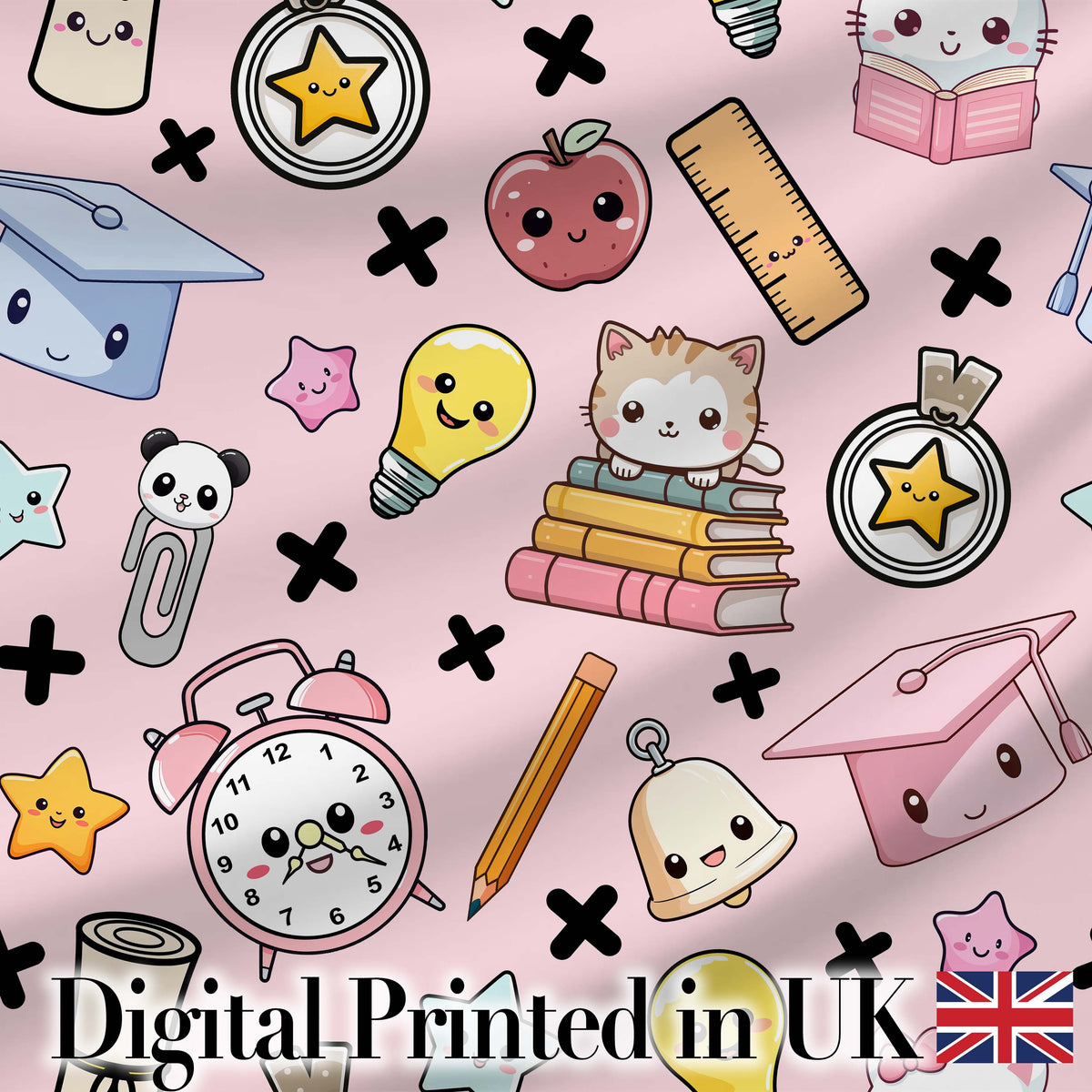 Cute Kawaii School Supplies And Study  Seamless Pattern Pink Background Digital Print Fabric by the Metre UK Sewing Quilting Textile