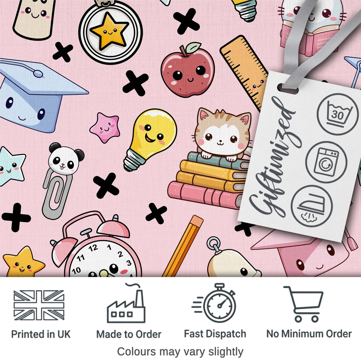 Cute Kawaii School Supplies And Study  Seamless Pattern Pink Background Digital Print Fabric by the Metre UK Sewing Quilting Textile