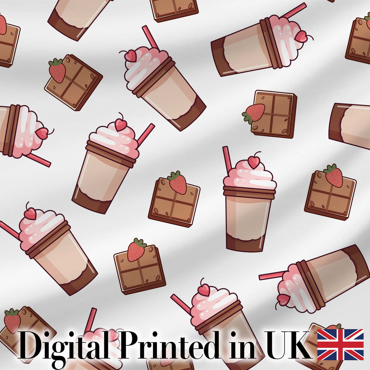Cute Chocolate Bars and Creamy Milkshakes with Strawberries Seamless Pattern Digital Print Fabric by the Metre UK Sewing Quilting Textile