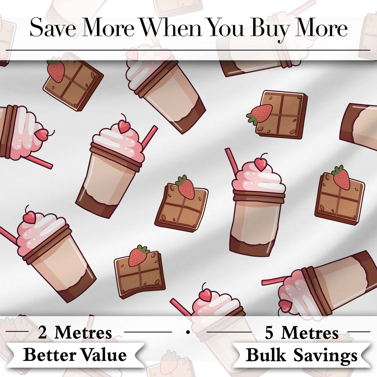 Cute Chocolate Bars and Creamy Milkshakes with Strawberries Seamless Pattern Digital Print Fabric by the Metre UK Sewing Quilting Textile