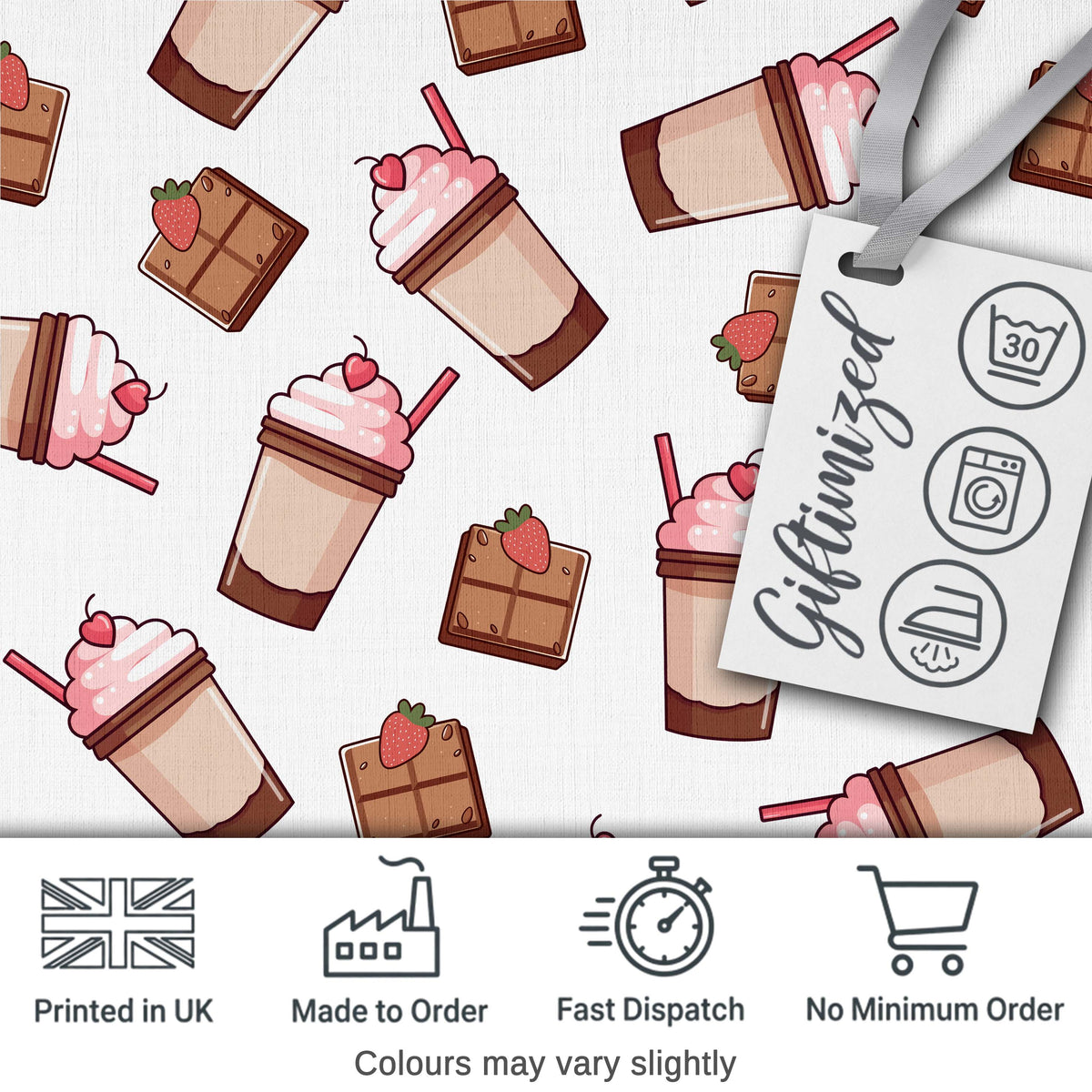 Cute Chocolate Bars and Creamy Milkshakes with Strawberries Seamless Pattern Digital Print Fabric by the Metre UK Sewing Quilting Textile
