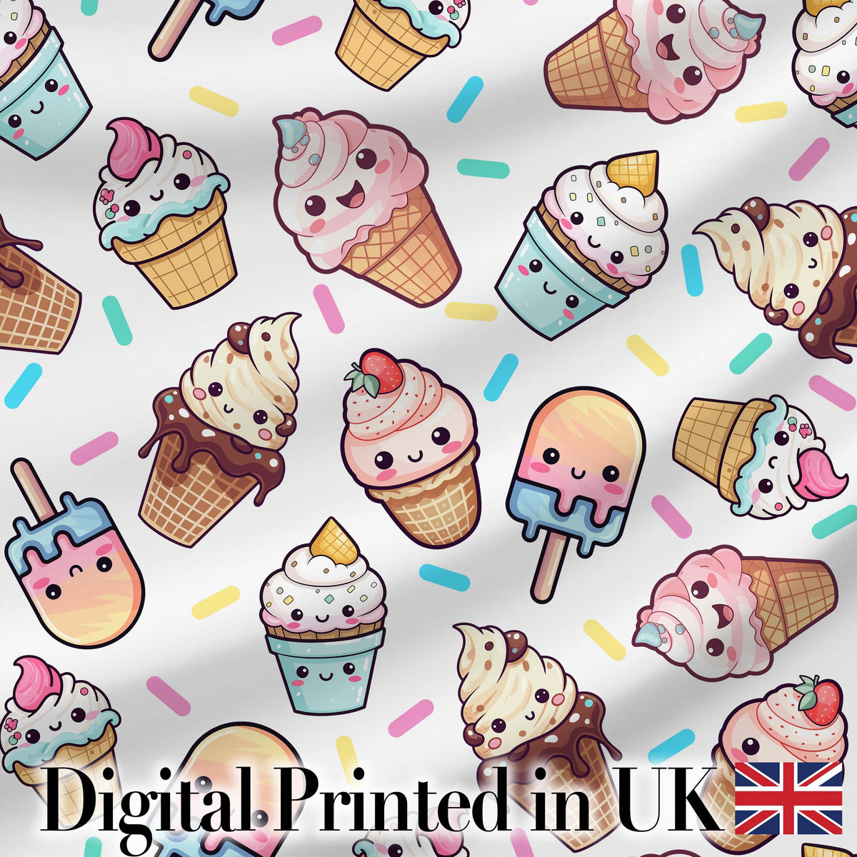 Cute Ice Cream Cones Popsicles and Sweet Treats Seamless Pattern Digital Print Fabric by the Metre UK Sewing Quilting Textile