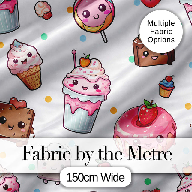 Cute Kawaii Desserts Candy Cakes and Sweet Treat Characters Seamless Pattern Digital Print Fabric by the Metre UK Sewing Quilting Textile