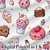 Cute Kawaii Desserts Candy Cakes and Sweet Treat Characters Seamless Pattern Digital Print Fabric by the Metre UK Sewing Quilting Textile