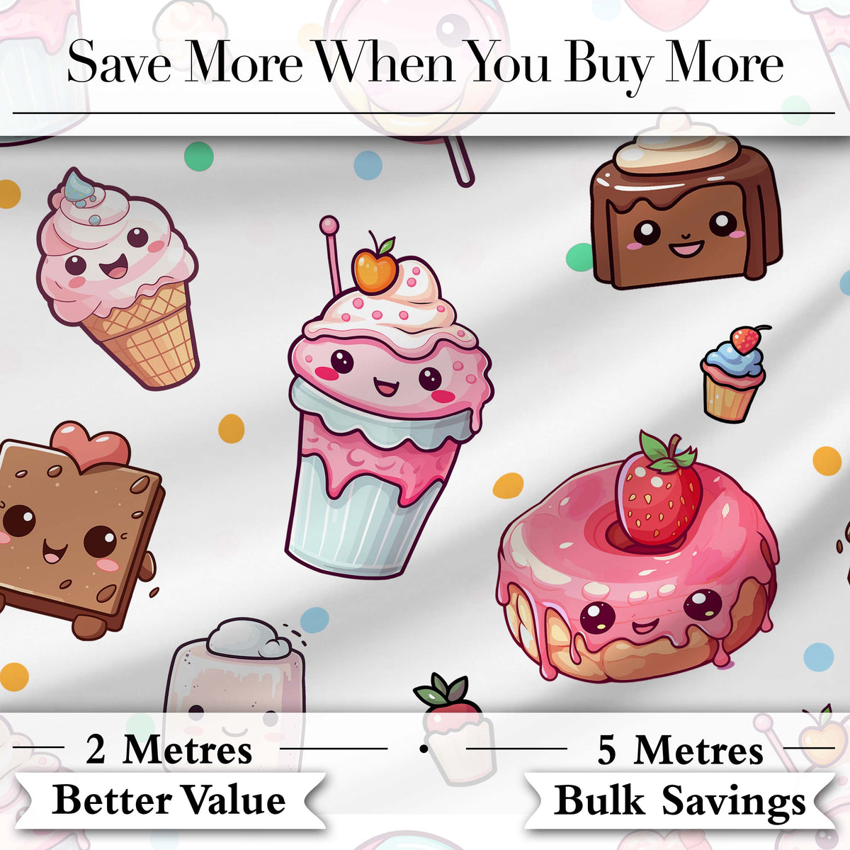 Cute Kawaii Desserts Candy Cakes and Sweet Treat Characters Seamless Pattern Digital Print Fabric by the Metre UK Sewing Quilting Textile