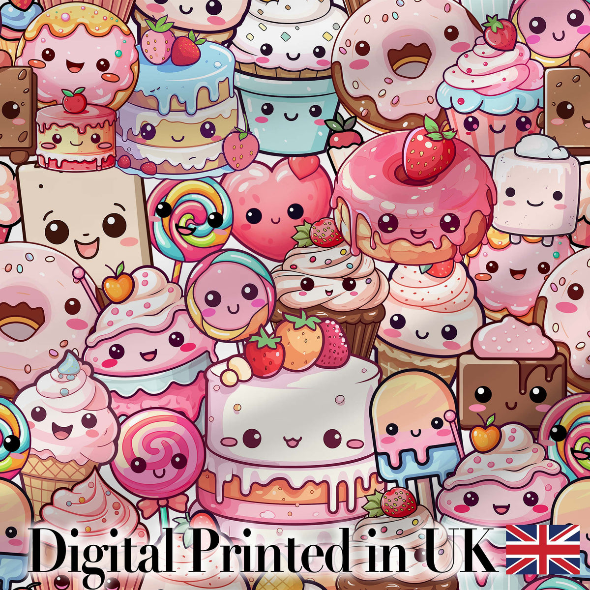 Cute Cartoon Cakes Donuts and Milkshakes with Pastel Colors Seamless Pattern Digital Print Fabric by the Metre UK Sewing Quilting Textile