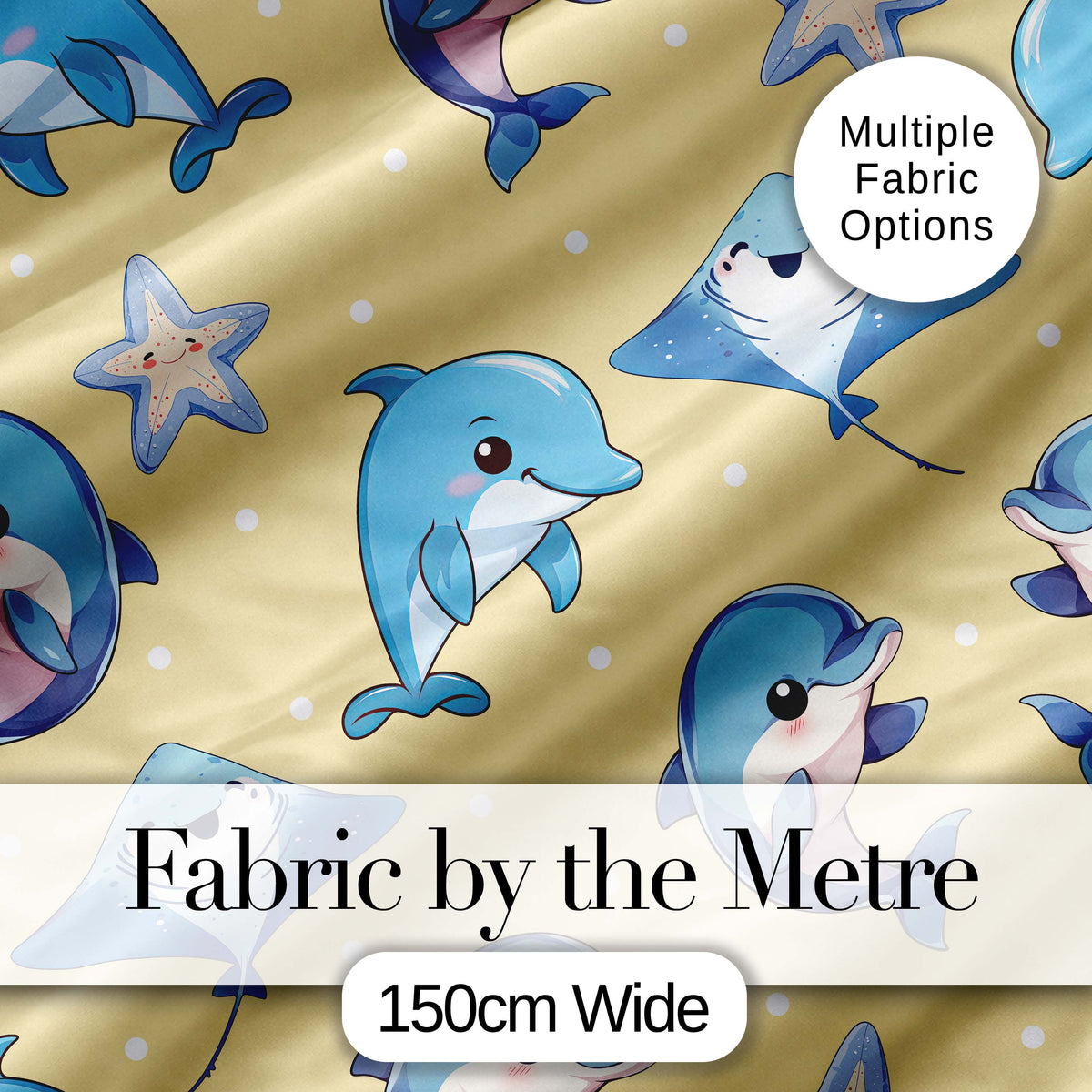 Cute Dolphins Stingrays and Starfish Ocean Animals Seamless Pattern Digital Print Fabric by the Metre UK Sewing Quilting Textile
