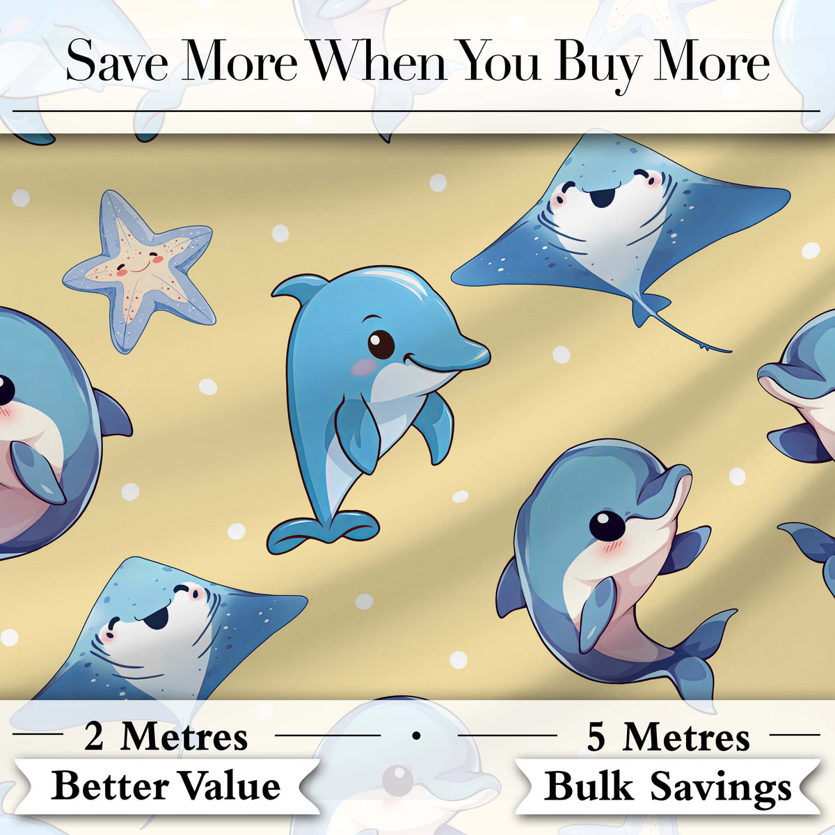 Cute Dolphins Stingrays and Starfish Ocean Animals Seamless Pattern Digital Print Fabric by the Metre UK Sewing Quilting Textile