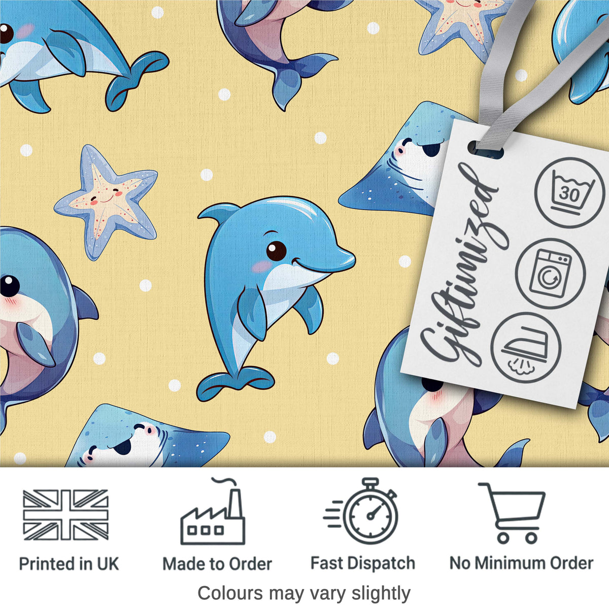 Cute Dolphins Stingrays and Starfish Ocean Animals Seamless Pattern Digital Print Fabric by the Metre UK Sewing Quilting Textile