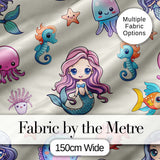Cute Kawaii Mermaid Seahorse Jellyfish and Starfish Ocean Seamless Pattern Digital Print Fabric by the Metre UK Sewing Quilting Textile