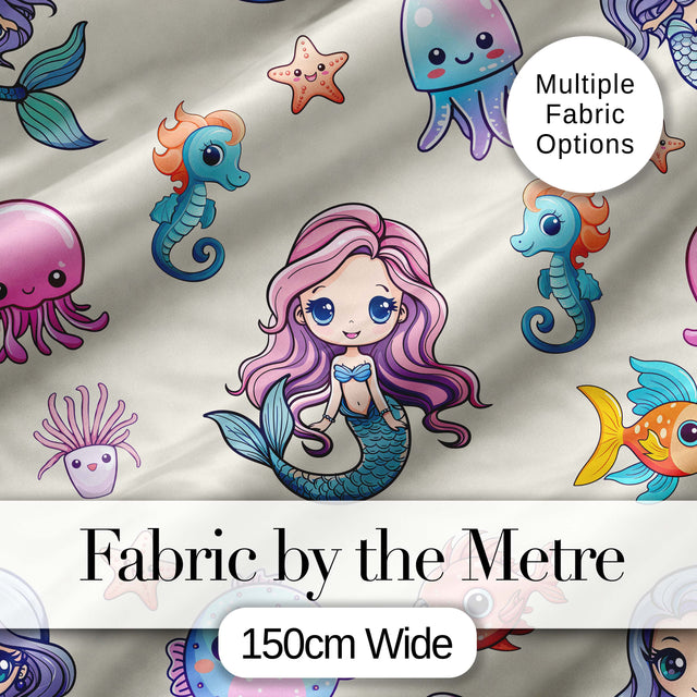 Cute Kawaii Mermaid Seahorse Jellyfish and Starfish Ocean Seamless Pattern Digital Print Fabric by the Metre UK Sewing Quilting Textile