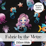 Cute Kawaii Mermaid Seahorse Jellyfish and Starfish on Black Background   Digital Print Fabric by the Metre UK Sewing Quilting Textile