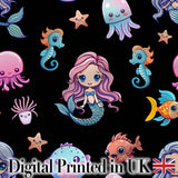 Cute Kawaii Mermaid Seahorse Jellyfish and Starfish on Black Background   Digital Print Fabric by the Metre UK Sewing Quilting Textile