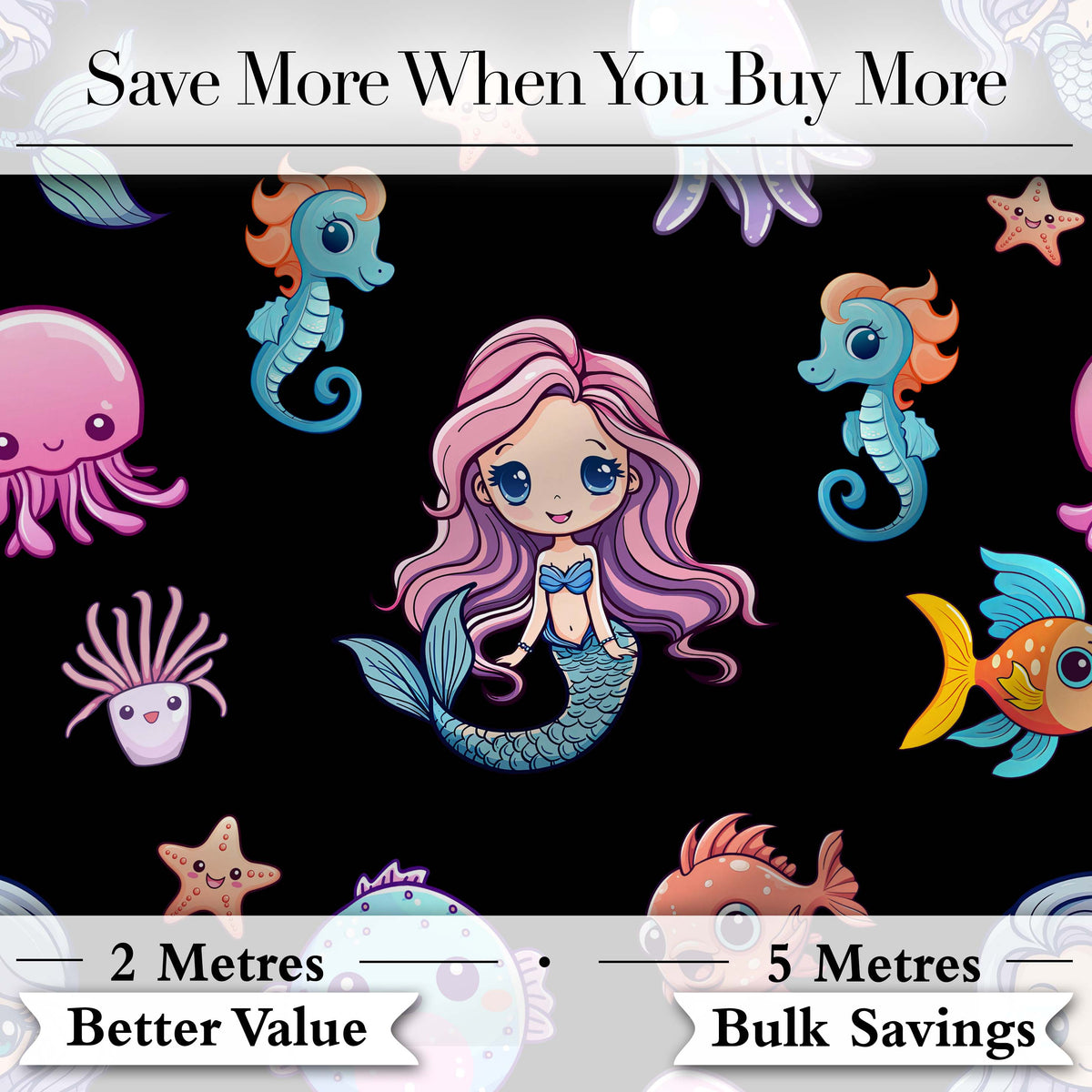 Cute Kawaii Mermaid Seahorse Jellyfish and Starfish on Black Background   Digital Print Fabric by the Metre UK Sewing Quilting Textile