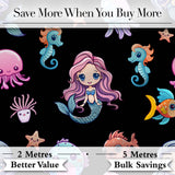 Cute Kawaii Mermaid Seahorse Jellyfish and Starfish on Black Background   Digital Print Fabric by the Metre UK Sewing Quilting Textile