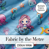 Cute Kawaii Mermaid Seahorse Jellyfish and Starfish Blue Background  Pattern Digital Print Fabric by the Metre UK Sewing Quilting Textile