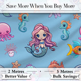 Cute Kawaii Mermaid Seahorse Jellyfish and Starfish Blue Background  Pattern Digital Print Fabric by the Metre UK Sewing Quilting Textile