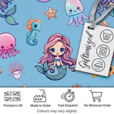 Cute Kawaii Mermaid Seahorse Jellyfish and Starfish Blue Background  Pattern Digital Print Fabric by the Metre UK Sewing Quilting Textile
